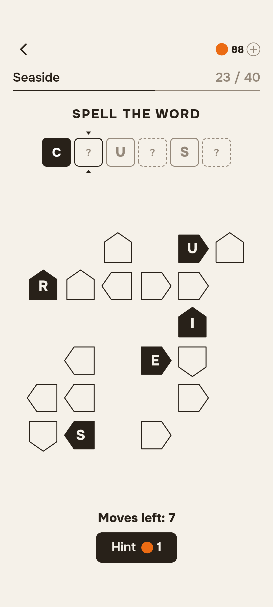 Seaside theme — spelling the word from letters on arrow-shaped cells