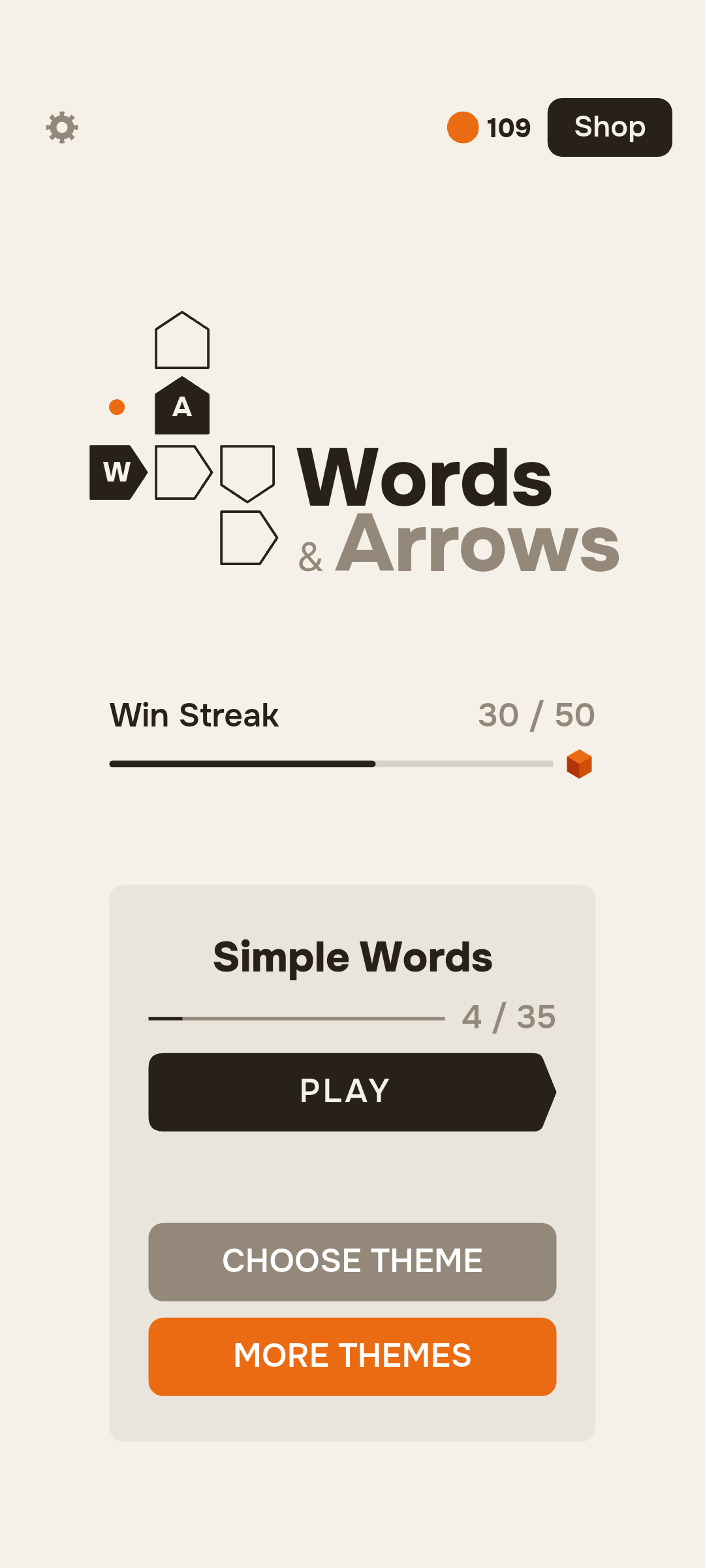 Words & Arrows main menu — game logo, win streak and the Simple Words theme