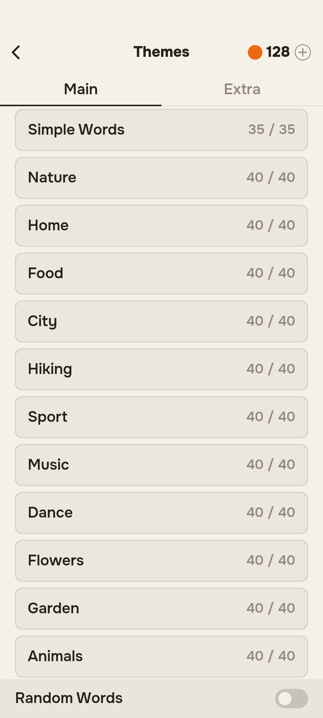 Themed word packs: Nature, Home, Food, City, Hiking and more